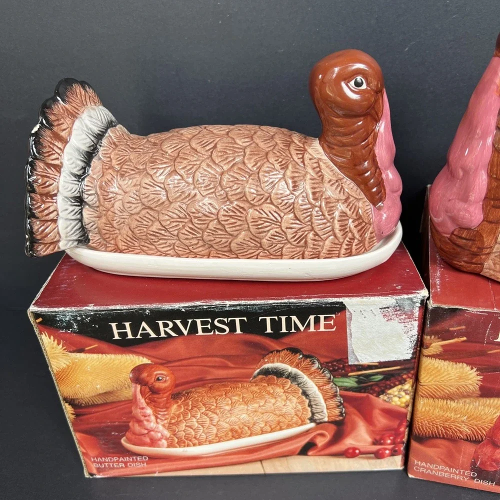 VTG Harvest Time Turkey Butter Dish & Cranberry Dish Thanksgiving Set w Boxes
